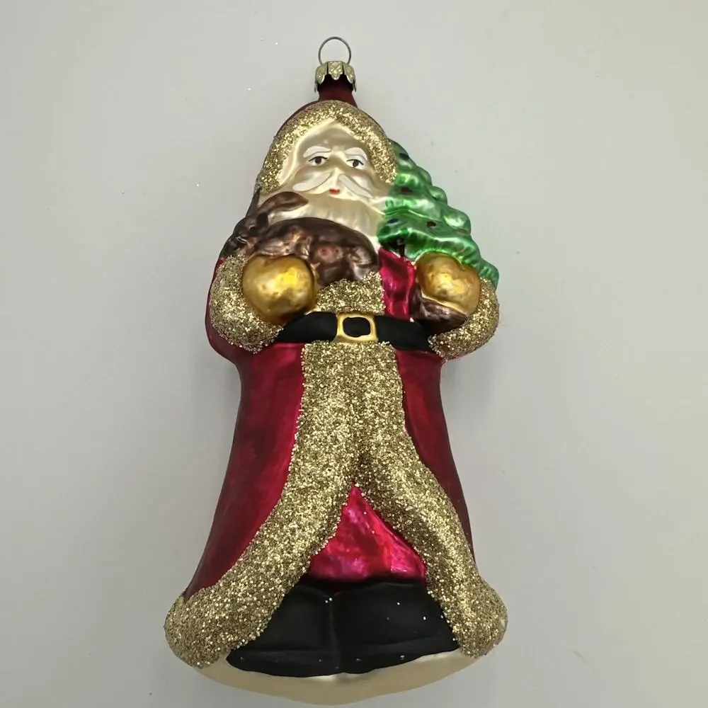 VTG German Blown Glass Santa Ornament Christmas Red Gold Glitter‎ Lauscha Style